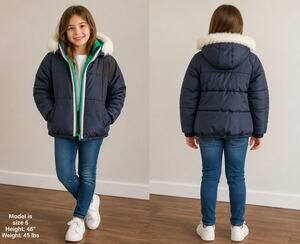 TOPSHOP Women's US 6 Navy Puffer Jacket Faux Fur Hood Green Lining Winter Coat